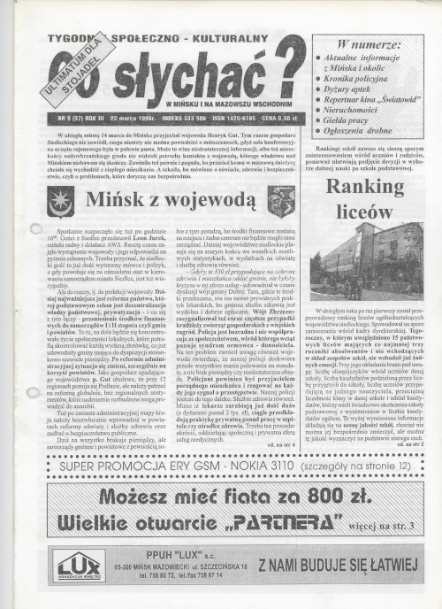 Okładka gazety Co słychać? - nr 9 (37) 1998
